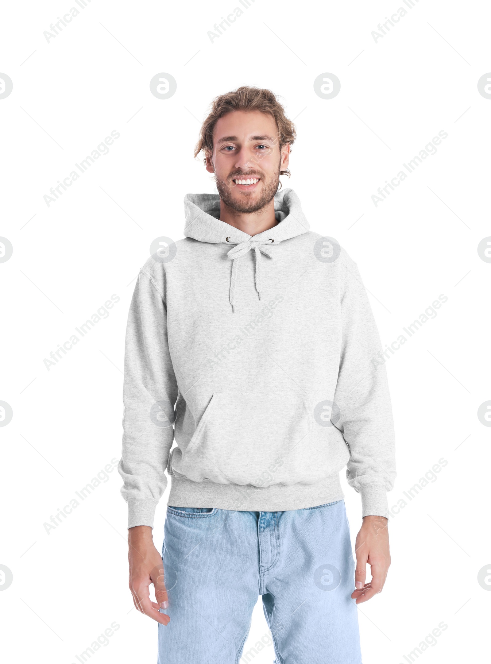 Photo of Portrait of man in hoodie sweater on white background. Space for design