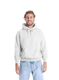 Photo of Portrait of man in hoodie sweater on white background. Space for design