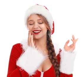 Photo of Beautiful Santa girl on white background. Christmas eve