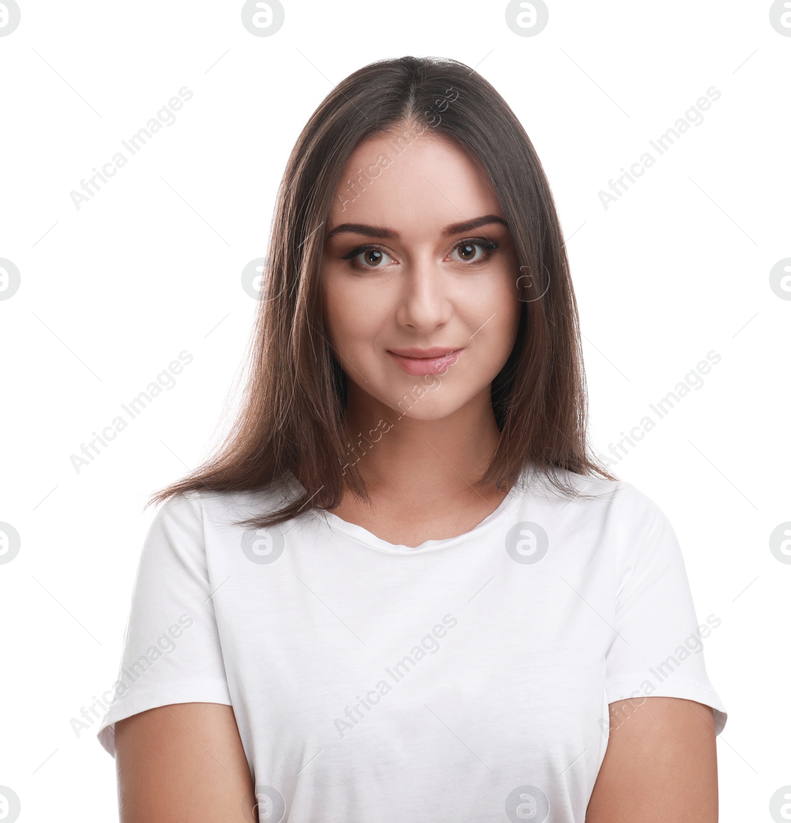 Photo of Beautiful young woman in casual outfit on white background