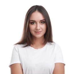 Photo of Beautiful young woman in casual outfit on white background