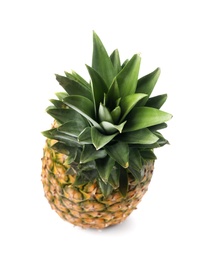 Photo of Tasty whole pineapple with leaves on white background