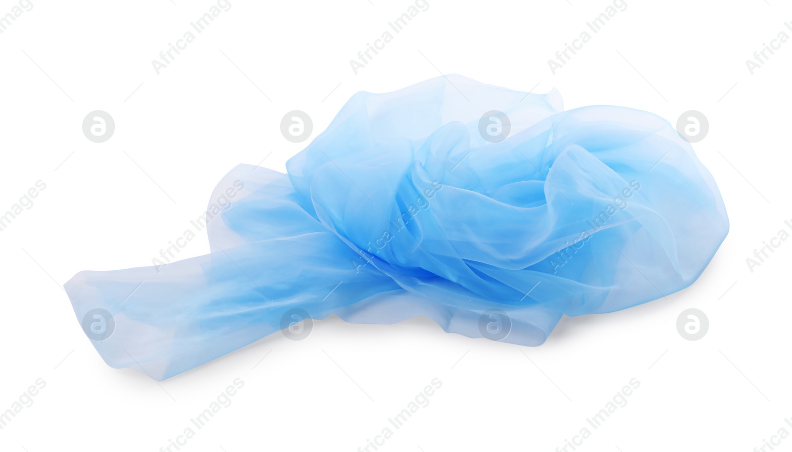 Photo of Beautiful light blue tulle fabric on white background