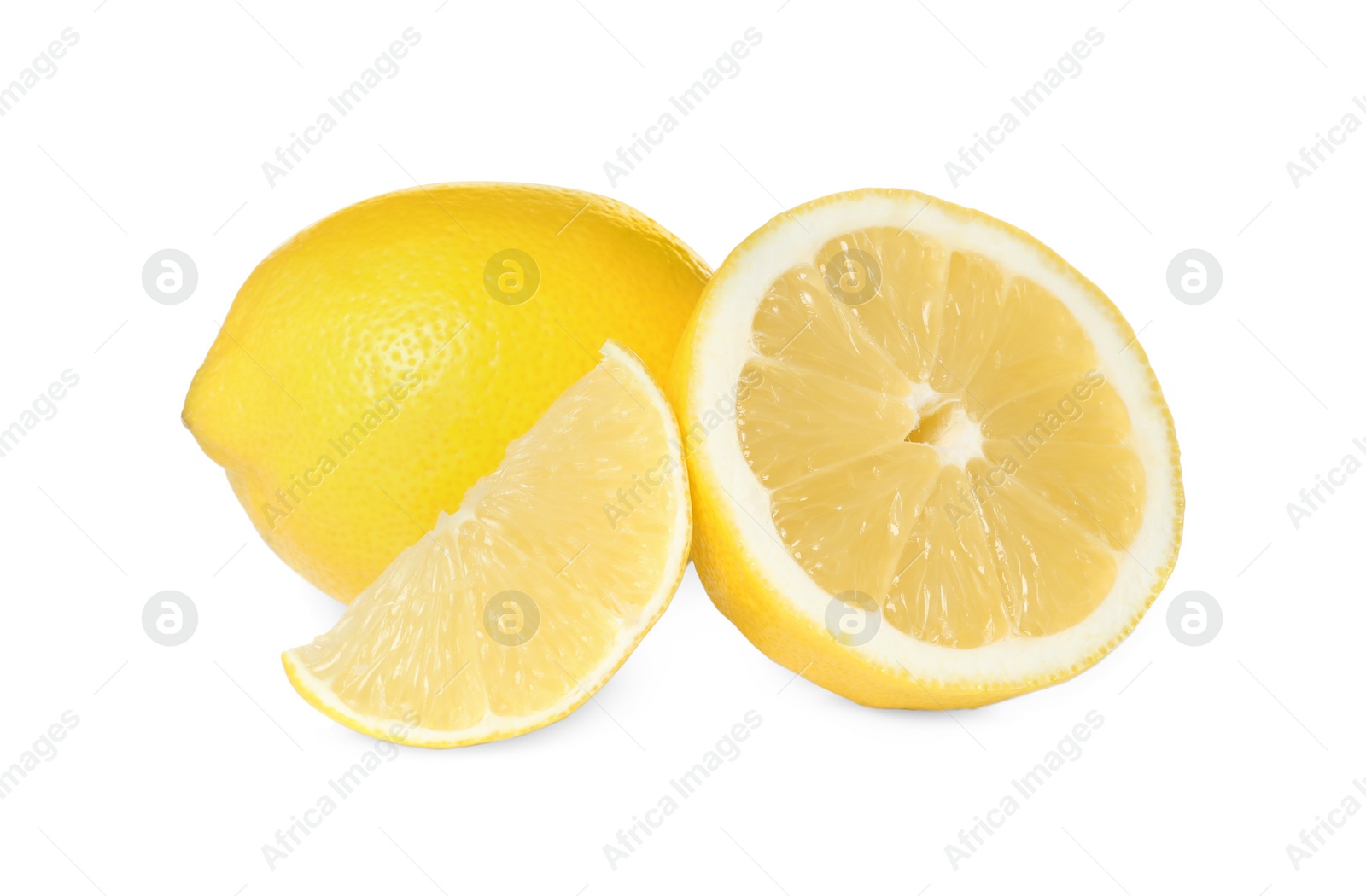 Photo of Fresh ripe juicy lemons on white background