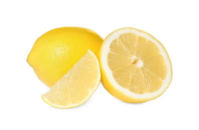 Photo of Fresh ripe juicy lemons on white background