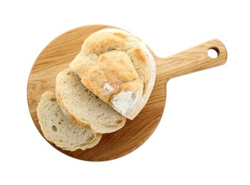 Photo of Freshly baked cut sourdough bread isolated on white, top view