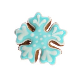 Photo of Tasty gingerbread cookie on white background. St. Nicholas Day celebration