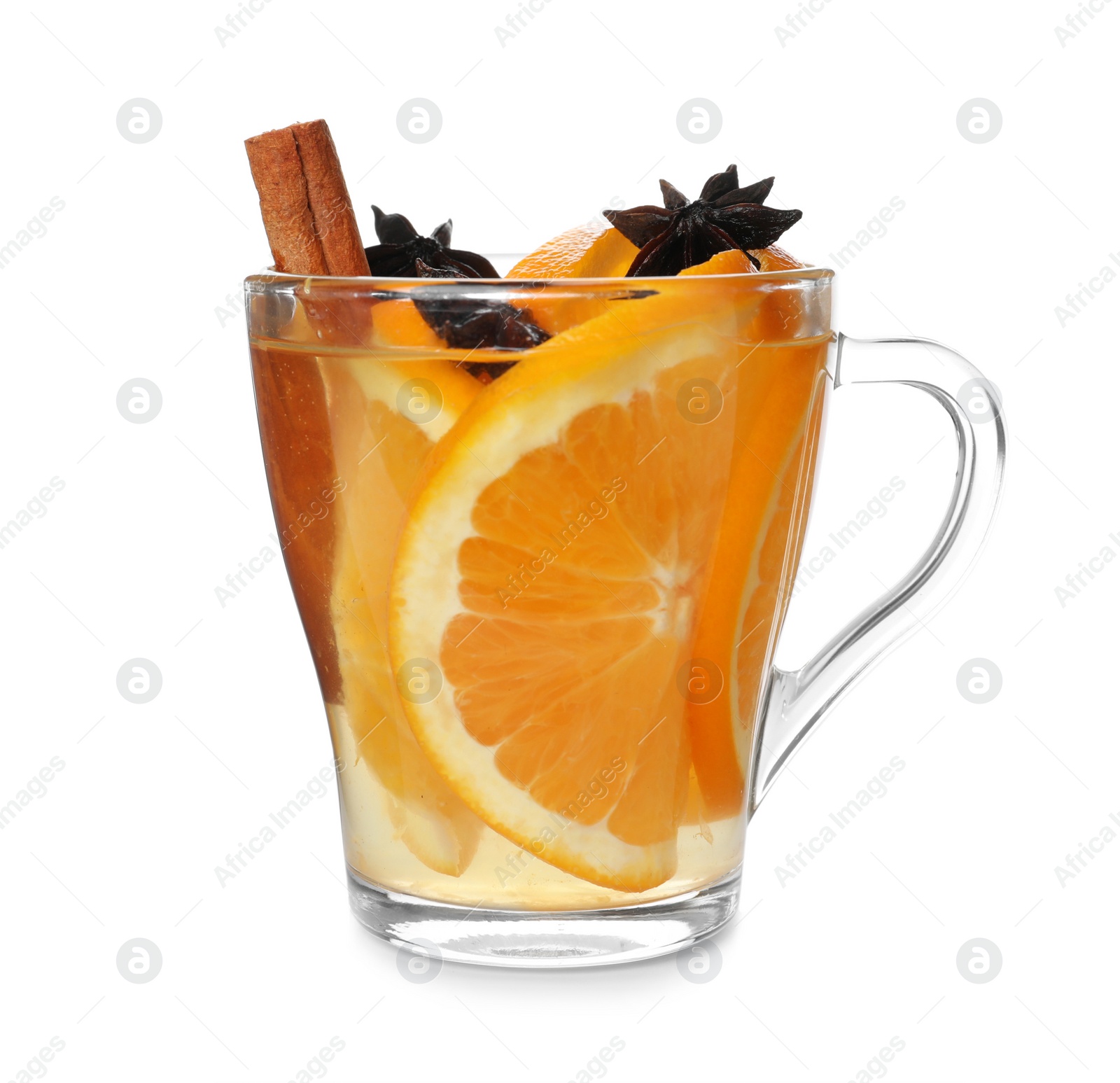 Photo of Aromatic mulled wine in glass cup isolated on white