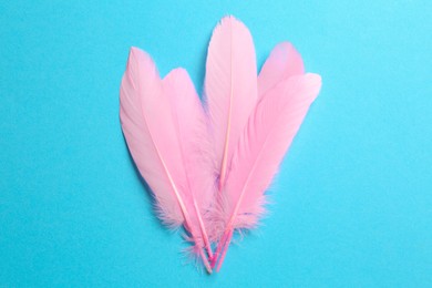 Photo of Beautiful pink feathers on light blue background, top view