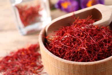 Dried saffron and crocus flowers on table, closeup. Space for text