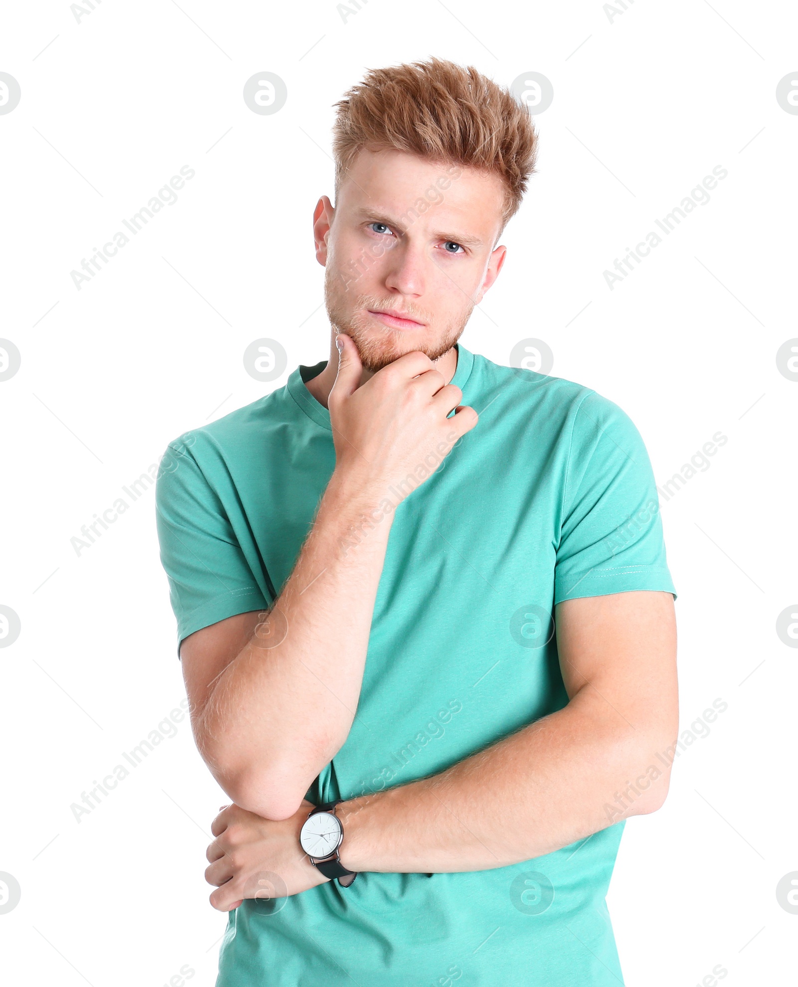 Photo of Portrait of handsome young man on white background