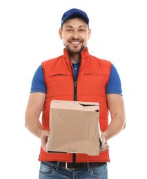 Photo of Courier with damaged cardboard box on white background. Poor quality delivery service