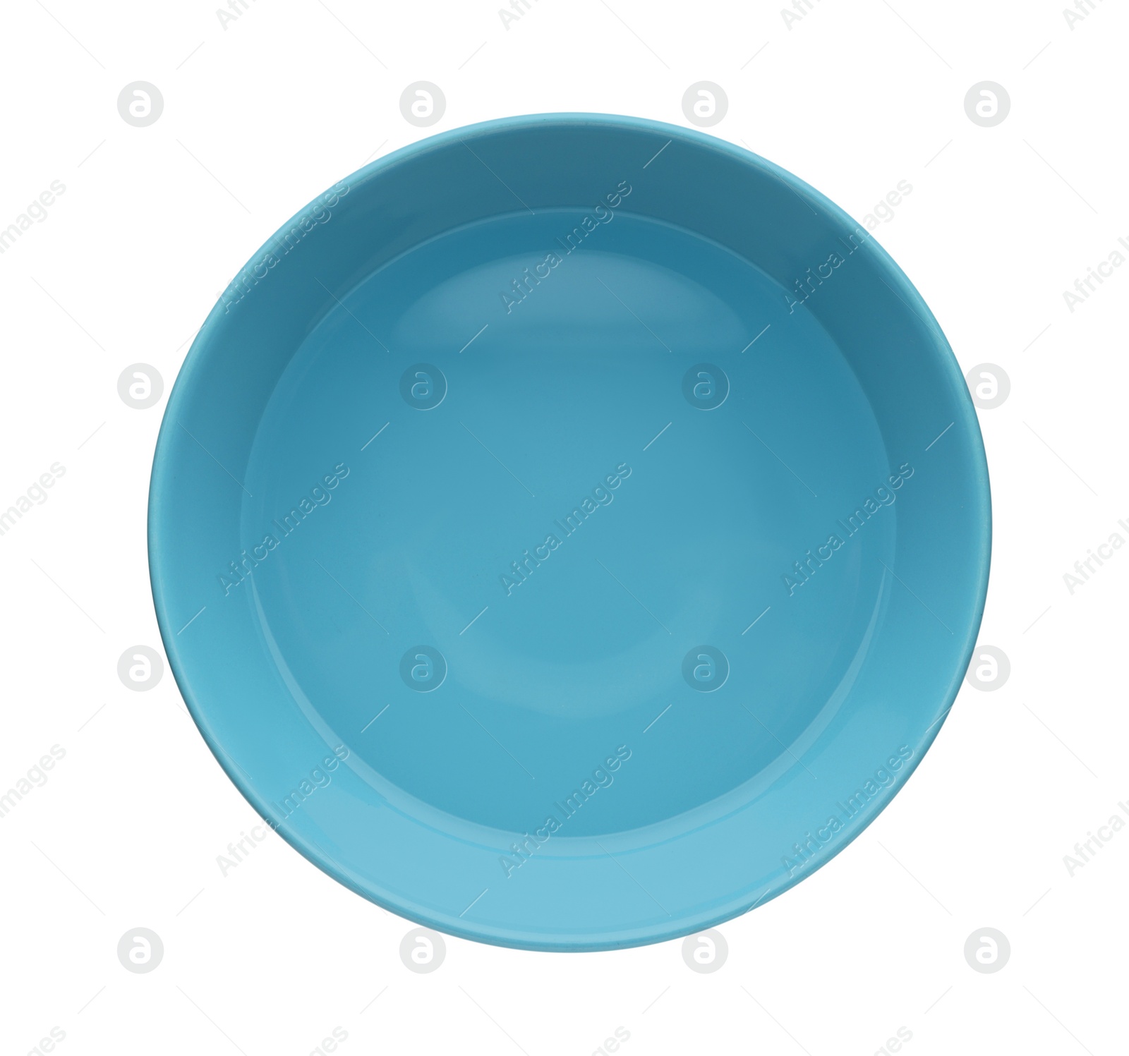 Photo of Blue ceramic bowl with clear water isolated on white, top view
