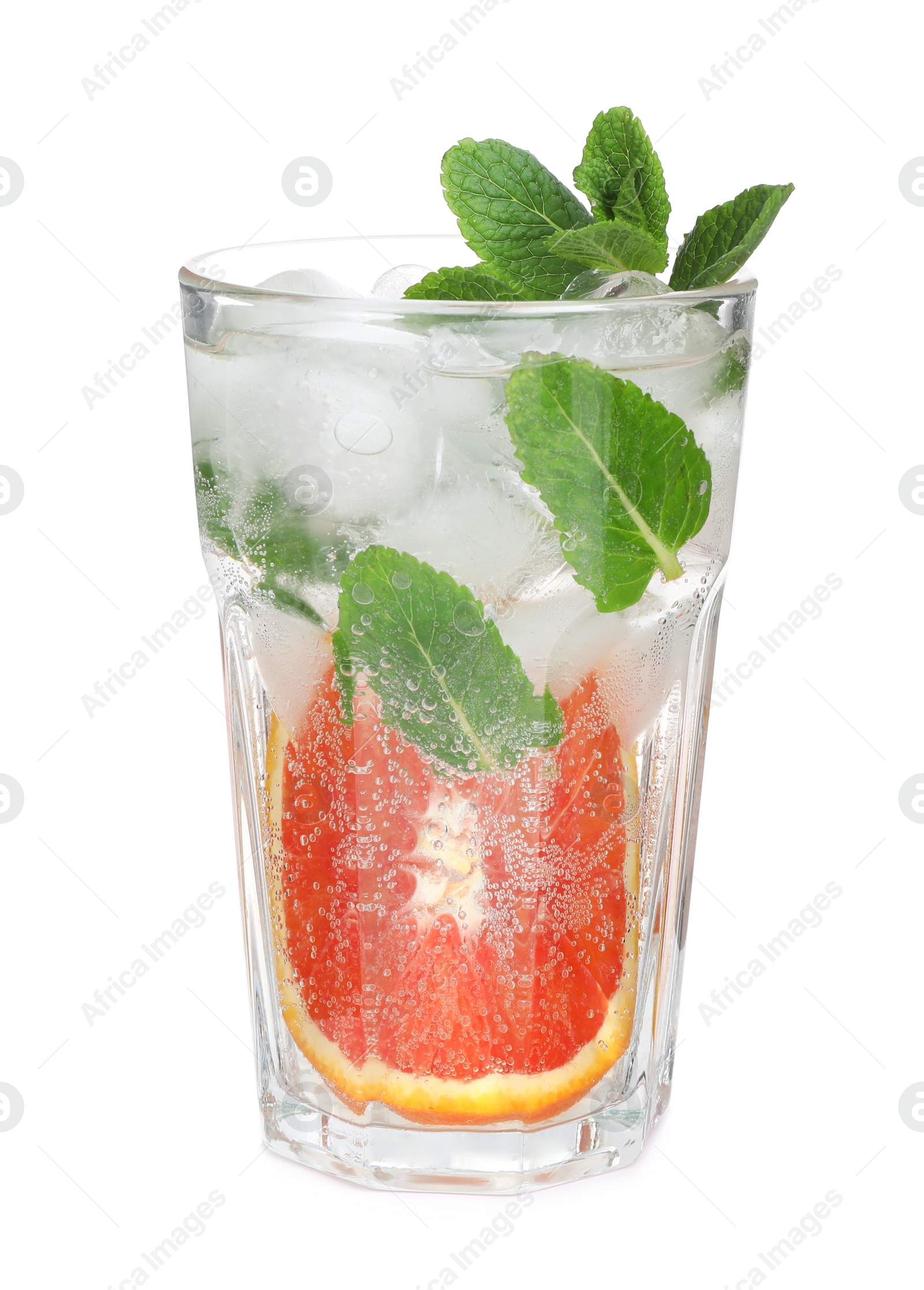 Photo of Delicious refreshing drink with sicilian orange, fresh mint and ice cubes in glass isolated on white