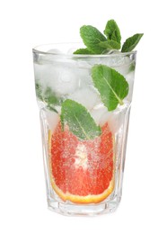 Photo of Delicious refreshing drink with sicilian orange, fresh mint and ice cubes in glass isolated on white