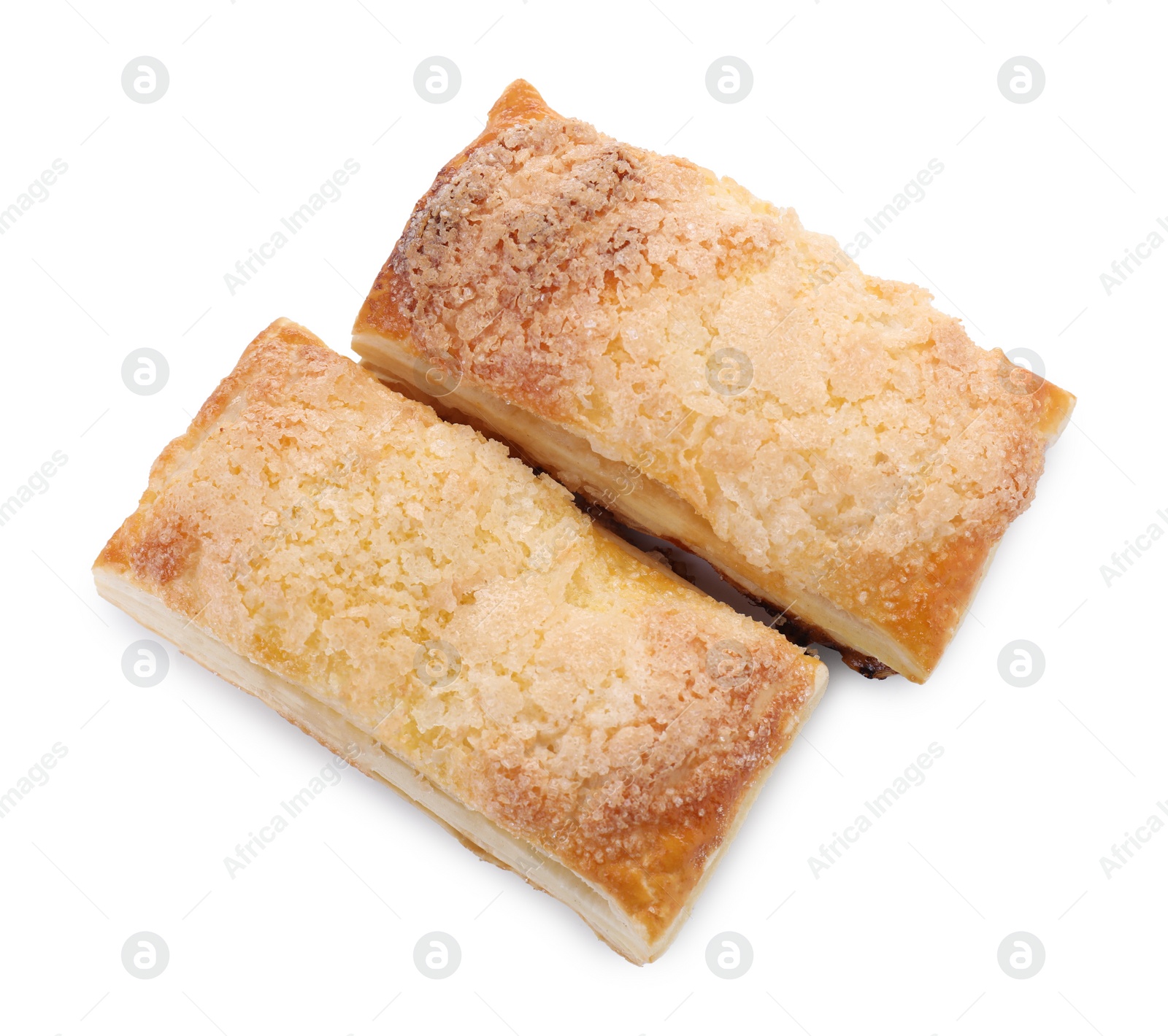 Photo of Delicious fresh puff pastries isolated on white, top view