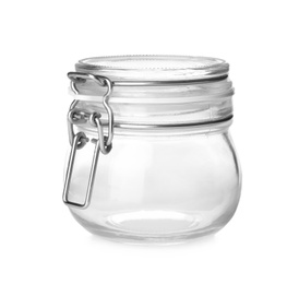Photo of Closed empty glass jar isolated on white