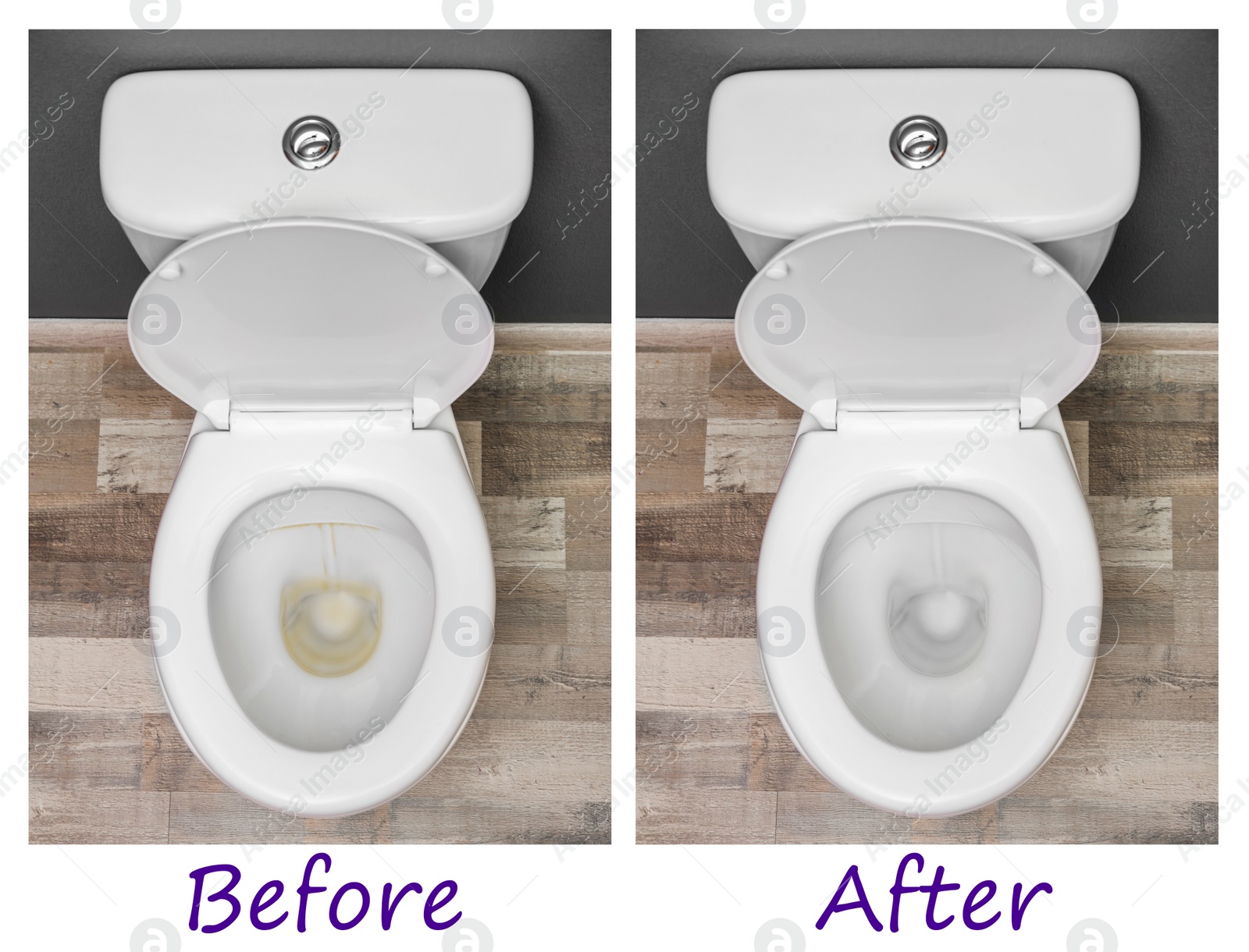 Image of Toilet bowl before and after cleaning indoors, top view