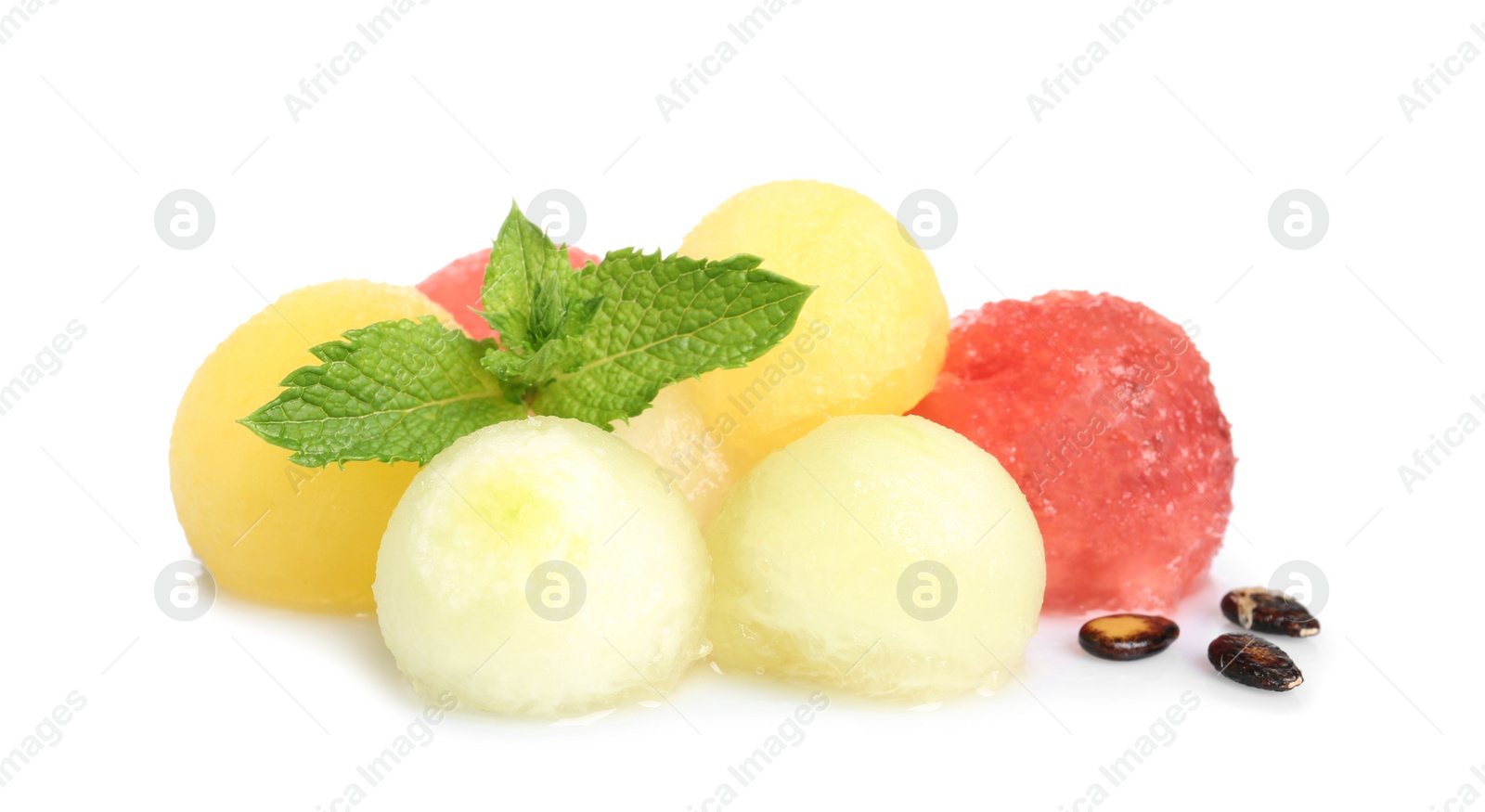 Photo of Melon and watermelon balls with mint on white background