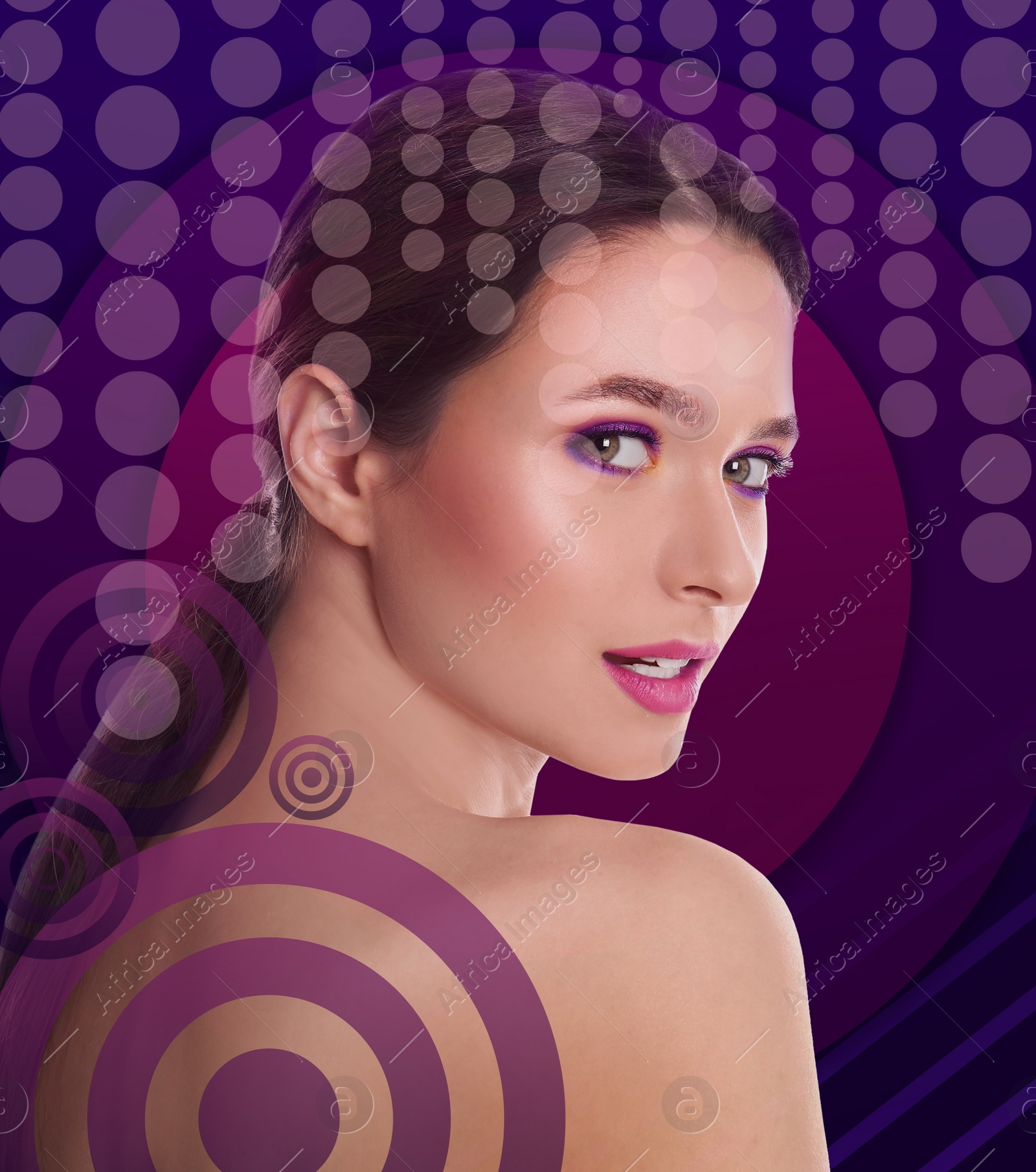 Image of Beautiful young model on color background. Contemporary art 