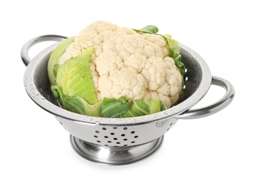 Photo of Metal colander with cauliflower isolated on white