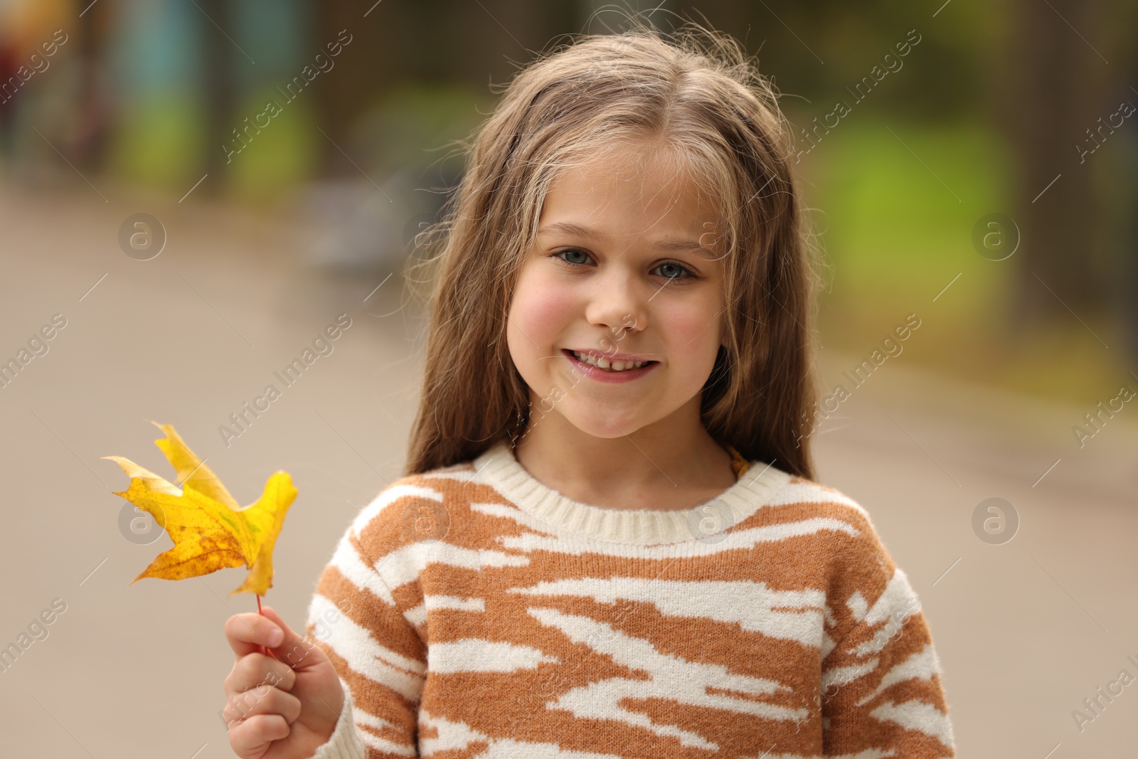 Photo of Portrait of happy girl with autumn dry leaf outdoors