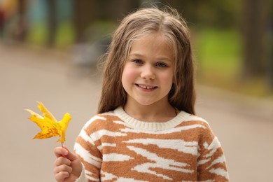 Photo of Portrait of happy girl with autumn dry leaf outdoors