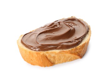 Photo of Bread with tasty chocolate spread on white background