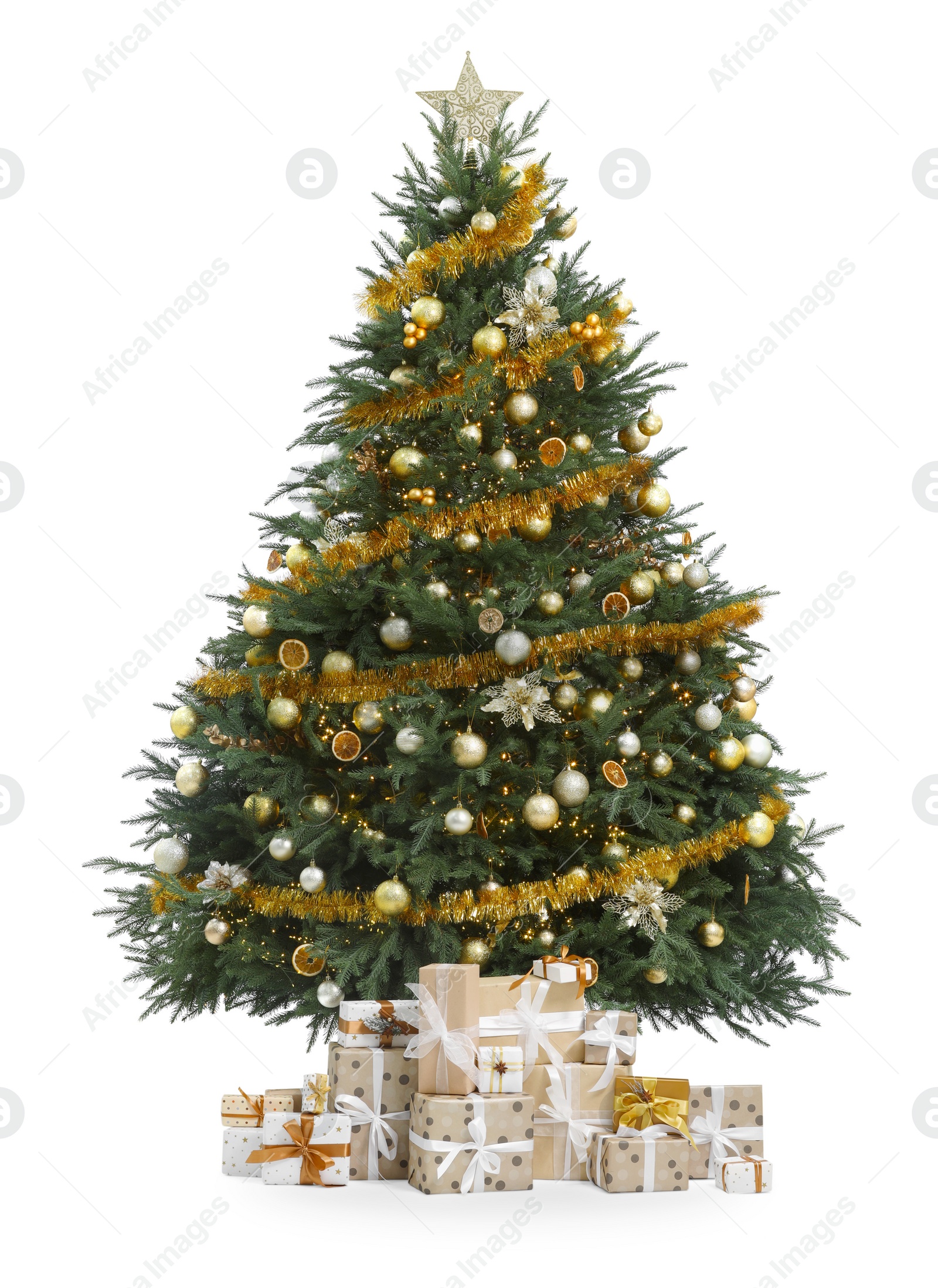 Photo of Beautiful Christmas tree and gift boxes isolated on white