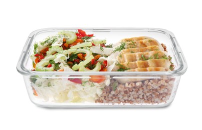 Photo of Healthy meal. Chicken breast, buckwheat and salad in container isolated on white