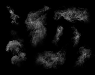 Image of White steam columns rising on black background, collage 