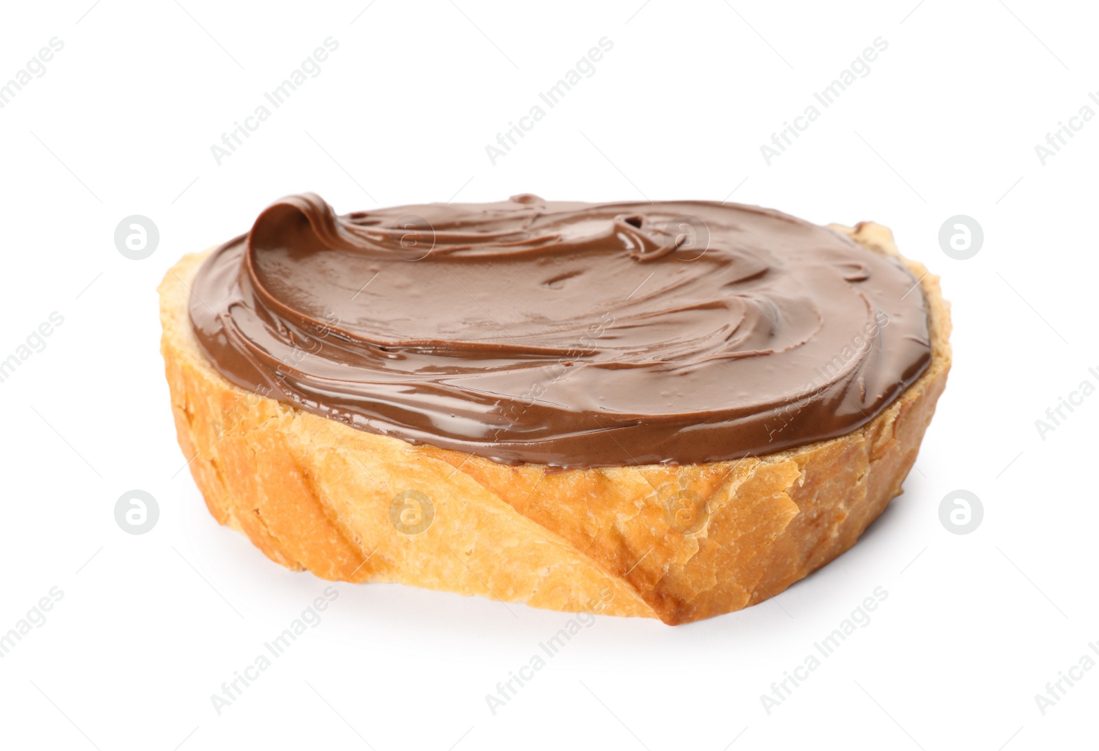 Photo of Bread with tasty chocolate spread on white background