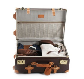 Packed suitcase with warm clothes and smartphone on white background
