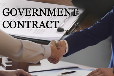 Image of Government contract. Collage with photo of businesspeople shaking hands and documents