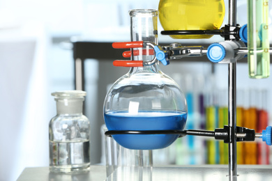 Laboratory clamp stand with glassware, closeup view