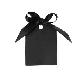 Photo of Blank tag with black satin ribbon tied in bow on white background, top view. Space for design