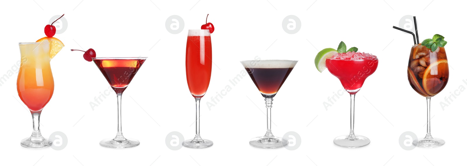 Image of Set of tasty alcoholic cocktails on white background. Banner design