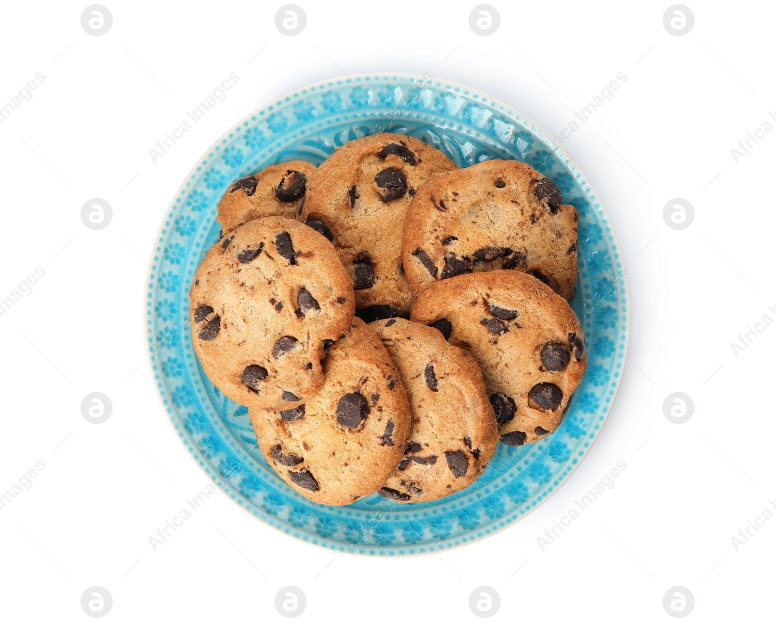 Photo of Plate with chocolate chip cookies on white background, top view