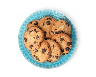 Photo of Plate with chocolate chip cookies on white background, top view