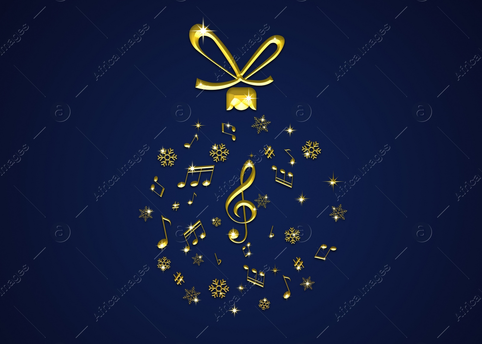 Illustration of Christmas ball shape made of music notes and snowflakes on blue background. Illustration design