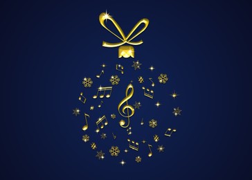 Illustration of Christmas ball shape made of music notes and snowflakes on blue background. Illustration design