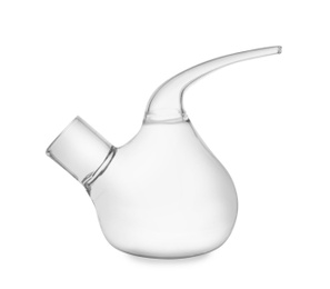 Photo of Empty retort flask isolated on white. Laboratory glassware