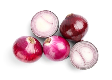 Photo of Ripe red onions on white background