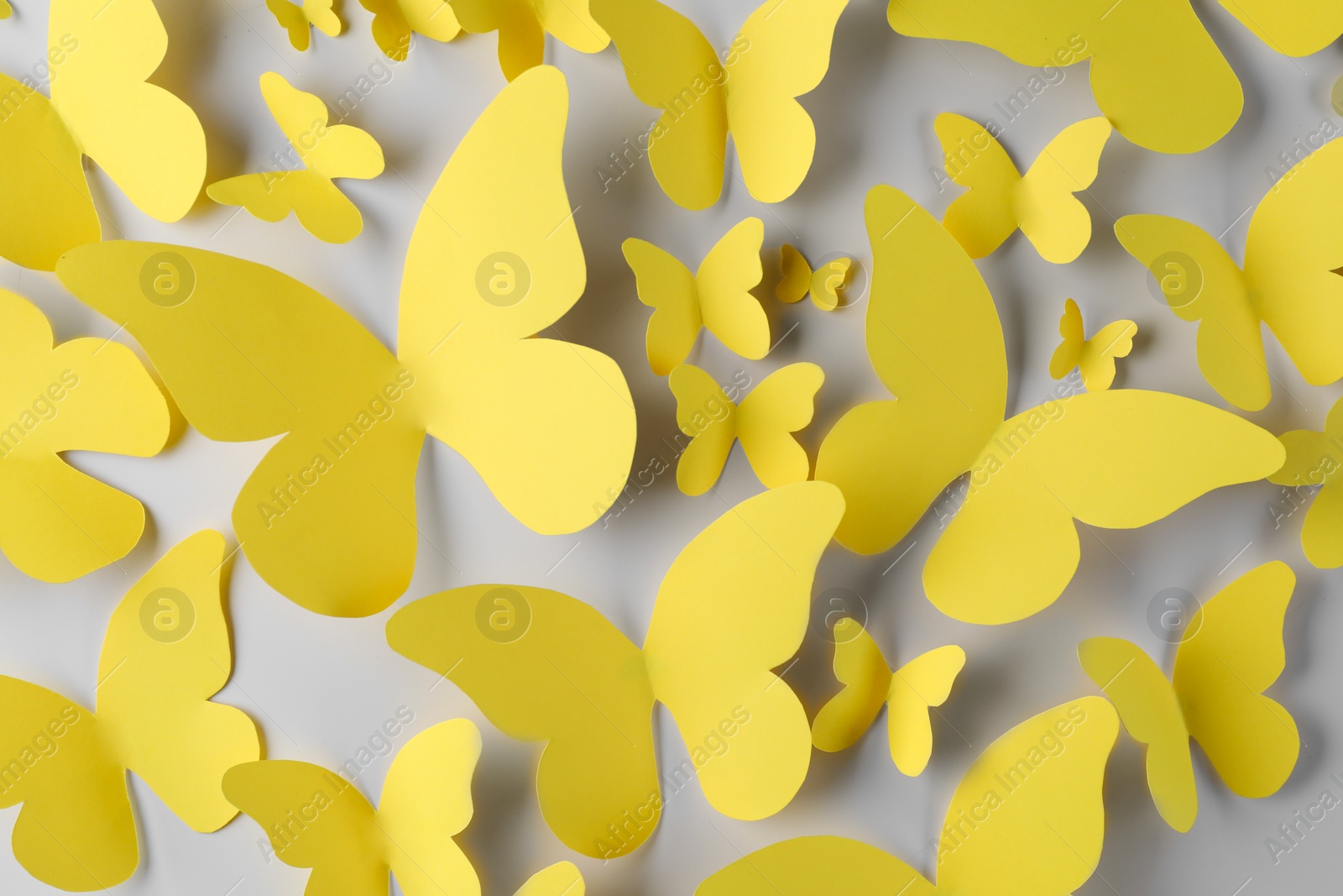 Photo of Yellow paper butterflies on white background, top view