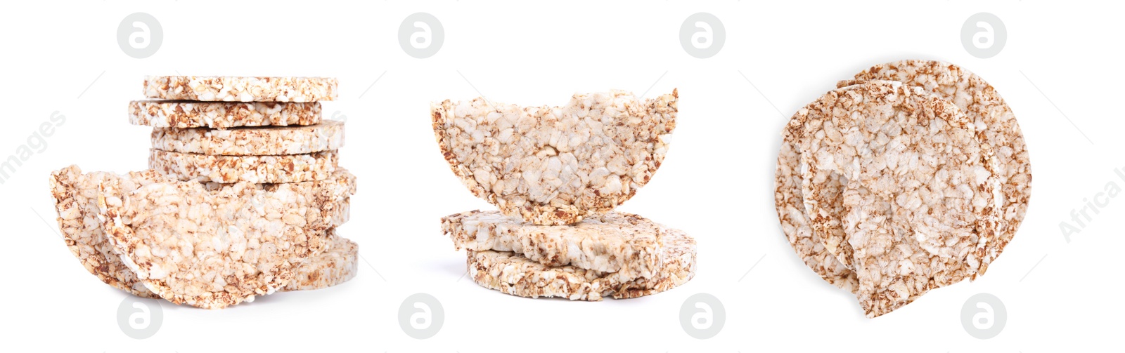 Image of Set with tasty crunchy puffed cakes on white background. Banner design