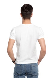 Young man in t-shirt on white background. Mock up for design