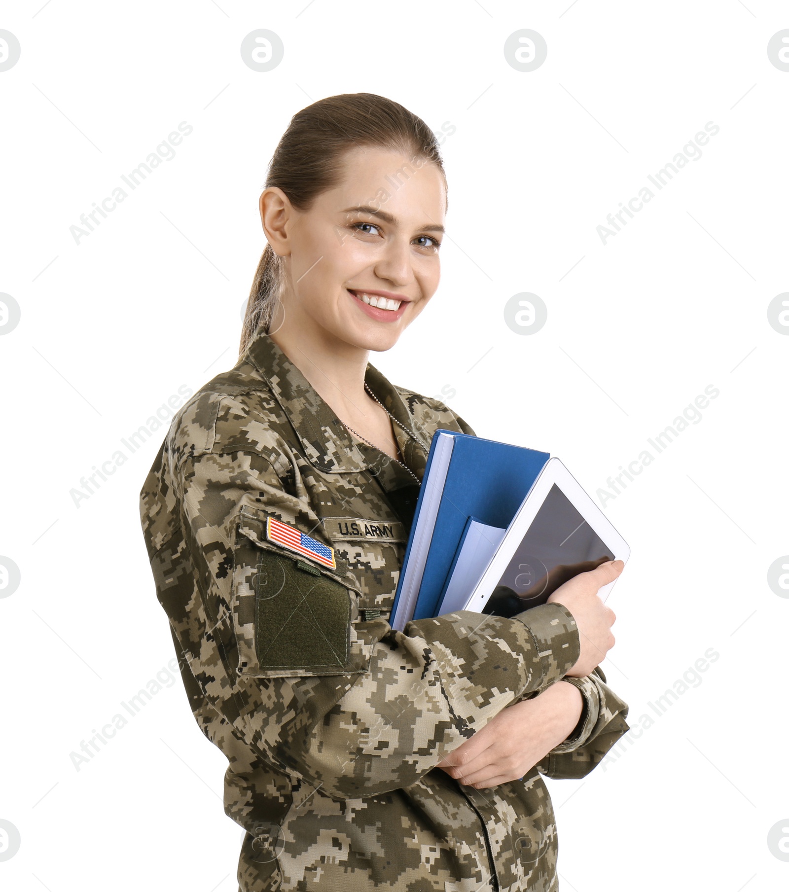 Photo of Female soldier with books and tablet computer on white background. Military service