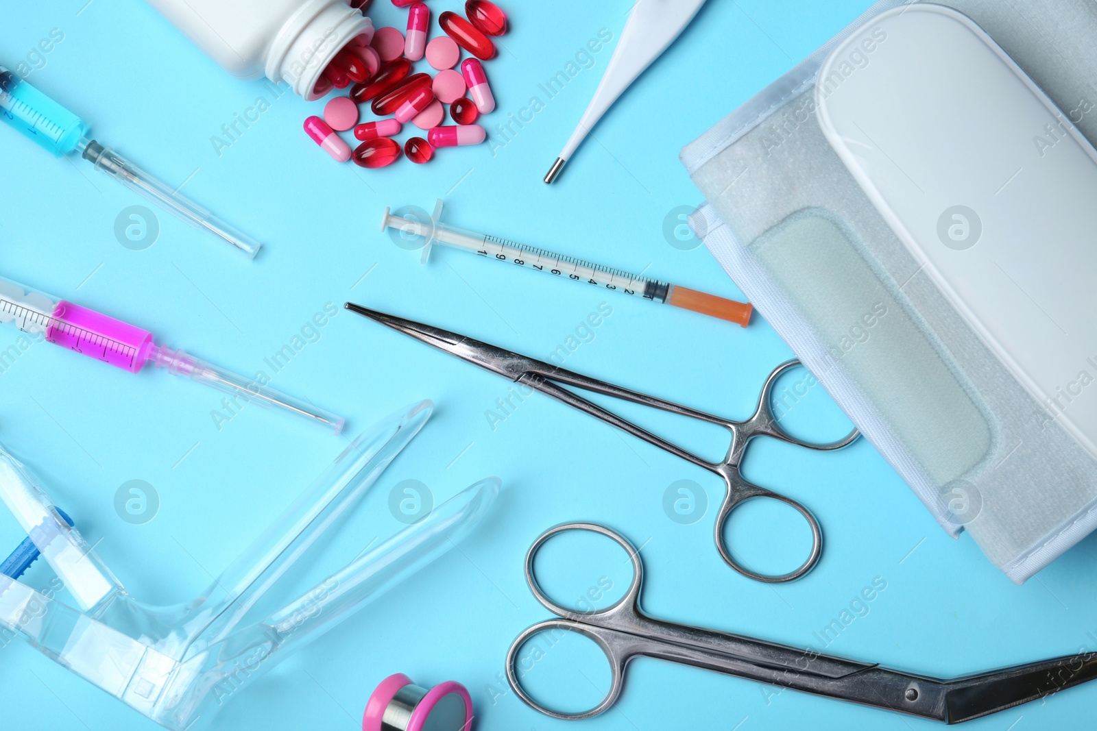 Photo of Different medical objects on color background, flat lay