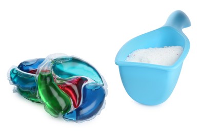 Photo of Laundry capsules and measuring scoop of washing powder on white background