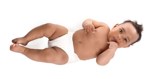 Adorable African-American baby in diaper on white background, top view